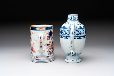 A Chinese blue and white jug and an Imari-style tankard, Transitional period/Kangxi