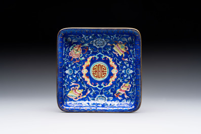 A Chinese Canton enamel mustard jar and square dish, Qianlong/Jiaqing