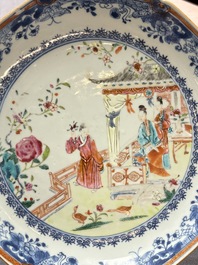 Three Chinese famille rose plates and a famille verte lobed plate, Kangxi/Qianlong
