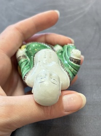 A pair of Chinese verte biscuit Milefo Buddhas, 19th C.