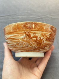 A Chinese iron-red-decorated 'Deer Hunting' bowl and two cups, Qianlong