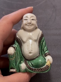 A pair of Chinese verte biscuit Milefo Buddhas, 19th C.