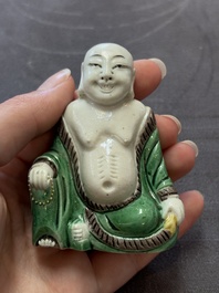 A pair of Chinese verte biscuit Milefo Buddhas, 19th C.