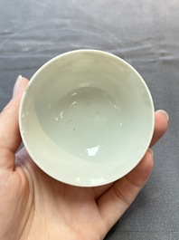 A Chinese iron-red-decorated 'Deer Hunting' bowl and two cups, Qianlong
