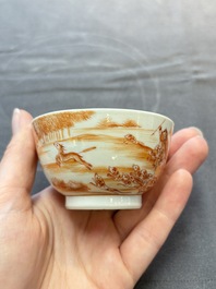 A Chinese iron-red-decorated 'Deer Hunting' bowl and two cups, Qianlong