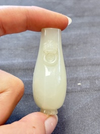 A Chinese white jade snuff bottle with lion-form handles, 19th C.