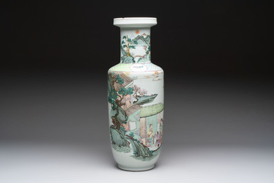 A fine Chinese famille rose 'Qi Guan Xun Mu 棄官尋母' rouleau vase, Qianlong mark, 19th C.