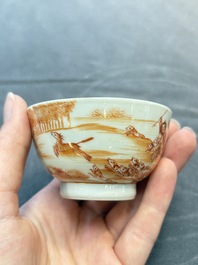 A Chinese iron-red-decorated 'Deer Hunting' bowl and two cups, Qianlong