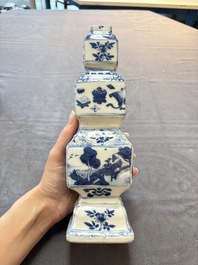 A pair of Chinese blue and white triple-gourd square vases, Kangxi