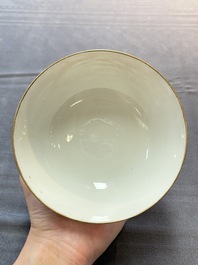 A Chinese iron-red-decorated 'Deer Hunting' bowl and two cups, Qianlong