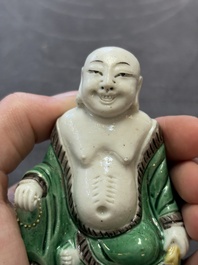 A pair of Chinese verte biscuit Milefo Buddhas, 19th C.