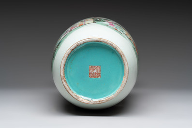 A fine Chinese famille rose 'Qi Guan Xun Mu 棄官尋母' rouleau vase, Qianlong mark, 19th C.