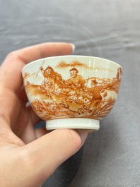 A Chinese iron-red-decorated 'Deer Hunting' bowl and two cups, Qianlong