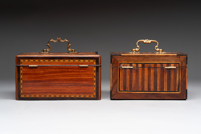 A group of six wooden tea caddies with inlaid decoration, The Netherlands, 18th C.