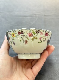 A pair of Chinese famille rose 'tobacco leaf' cups and saucers, Qianlong