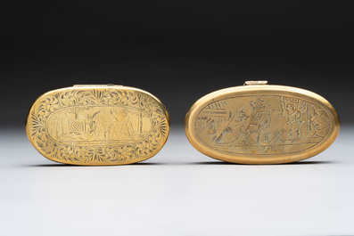 A group of four copper and brass engraved tobacco boxes, The Netherlands, 18th C.