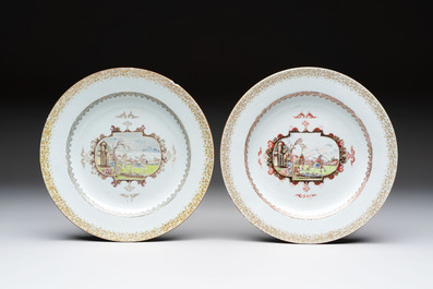 Four Chinese Meissen-style export plates with a hunting scene, Qianlong