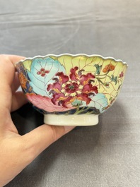 A pair of Chinese famille rose 'tobacco leaf' cups and saucers, Qianlong