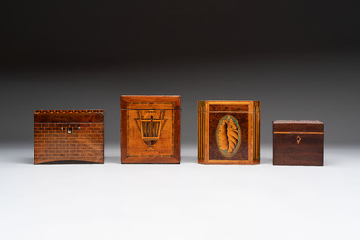 A group of six wooden tea caddies with inlaid decoration, The Netherlands, 18th C.