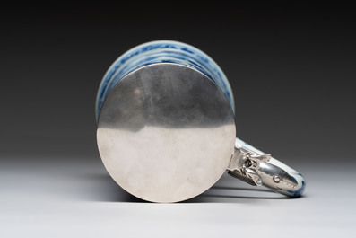 A fine Chinese blue and white tankard with Dutch silver cover, Transitional period