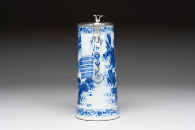 A fine Chinese blue and white tankard with Dutch silver cover, Transitional period