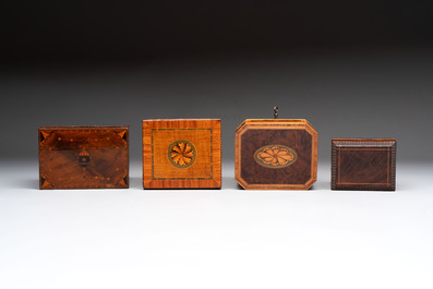 A group of six wooden tea caddies with inlaid decoration, The Netherlands, 18th C.