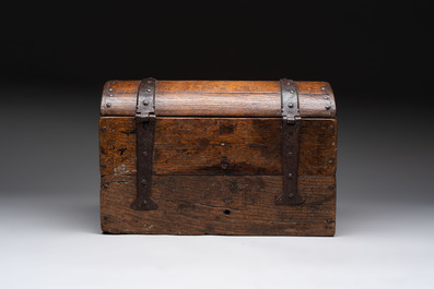 A Gothic Revival oak casket with wrought-iron mounts, 19th C.