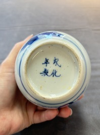 A Chinese blue and white 'Shoulao' tea caddy with silver mount and cover, Chenghua mark, Kangxi