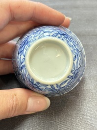 Ten Chinese blue and white cups and eleven saucers, Kangxi