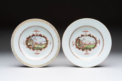 Four Chinese Meissen-style export plates with a hunting scene, Qianlong