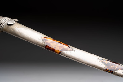 An Indonesian 'pedang palembang' sword with a silver-alloy-mounted and tortoiseshell-veneered scabbard, Sumatra, 19th C.