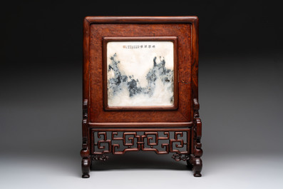 A Chinese 'dream stone' and hongmu table screen, 19/20th C.