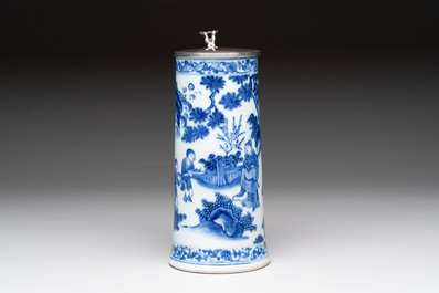 A fine Chinese blue and white tankard with Dutch silver cover, Transitional period