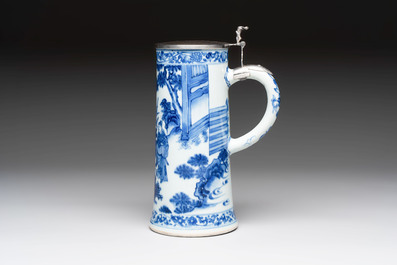 A fine Chinese blue and white tankard with Dutch silver cover, Transitional period