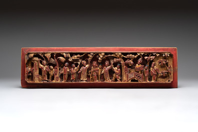 Four Chinese gilt-lacquered carved wooden panels with narrative design, 19th C.