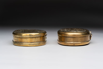 A group of four copper and brass engraved tobacco boxes, The Netherlands, 18th C.