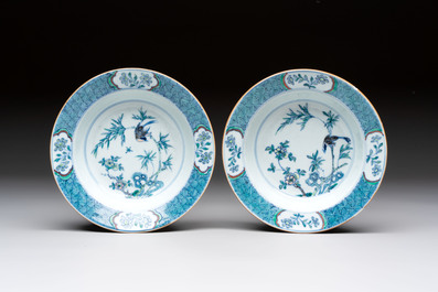 Four Chinese doucai plates with birds among bamboo and floral design, 18th C.