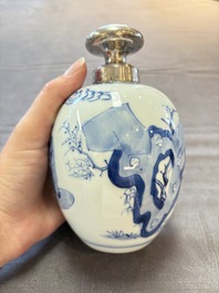 A Chinese blue and white 'Shoulao' tea caddy with silver mount and cover, Chenghua mark, Kangxi