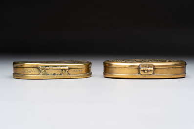 A group of four copper and brass engraved tobacco boxes, The Netherlands, 18th C.