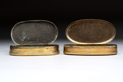 A group of four copper and brass engraved tobacco boxes, The Netherlands, 18th C.