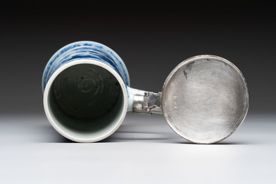 A fine Chinese blue and white tankard with Dutch silver cover, Transitional period