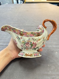 A pair of Chinese famille rose sauceboats and stands with floral design, Qianlong