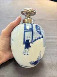 A Chinese blue and white 'Shoulao' tea caddy with silver mount and cover, Chenghua mark, Kangxi
