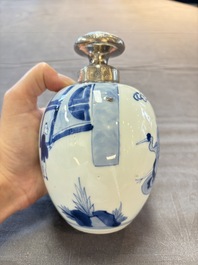 A Chinese blue and white 'Shoulao' tea caddy with silver mount and cover, Chenghua mark, Kangxi