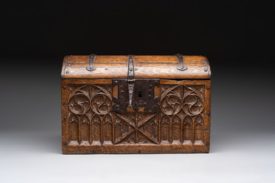 A Gothic Revival oak casket with wrought-iron mounts, 19th C.