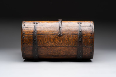 A Gothic Revival oak casket with wrought-iron mounts, 19th C.