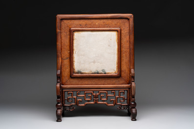 A Chinese 'dream stone' and hongmu table screen, 19/20th C.