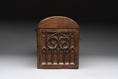 A Gothic Revival oak casket with wrought-iron mounts, 19th C.