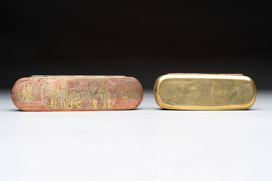 A group of four copper and brass engraved tobacco boxes, The Netherlands, 18th C.