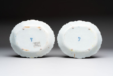 Two blue and white Dutch Delft strawberry strainers on stands, 18th C.